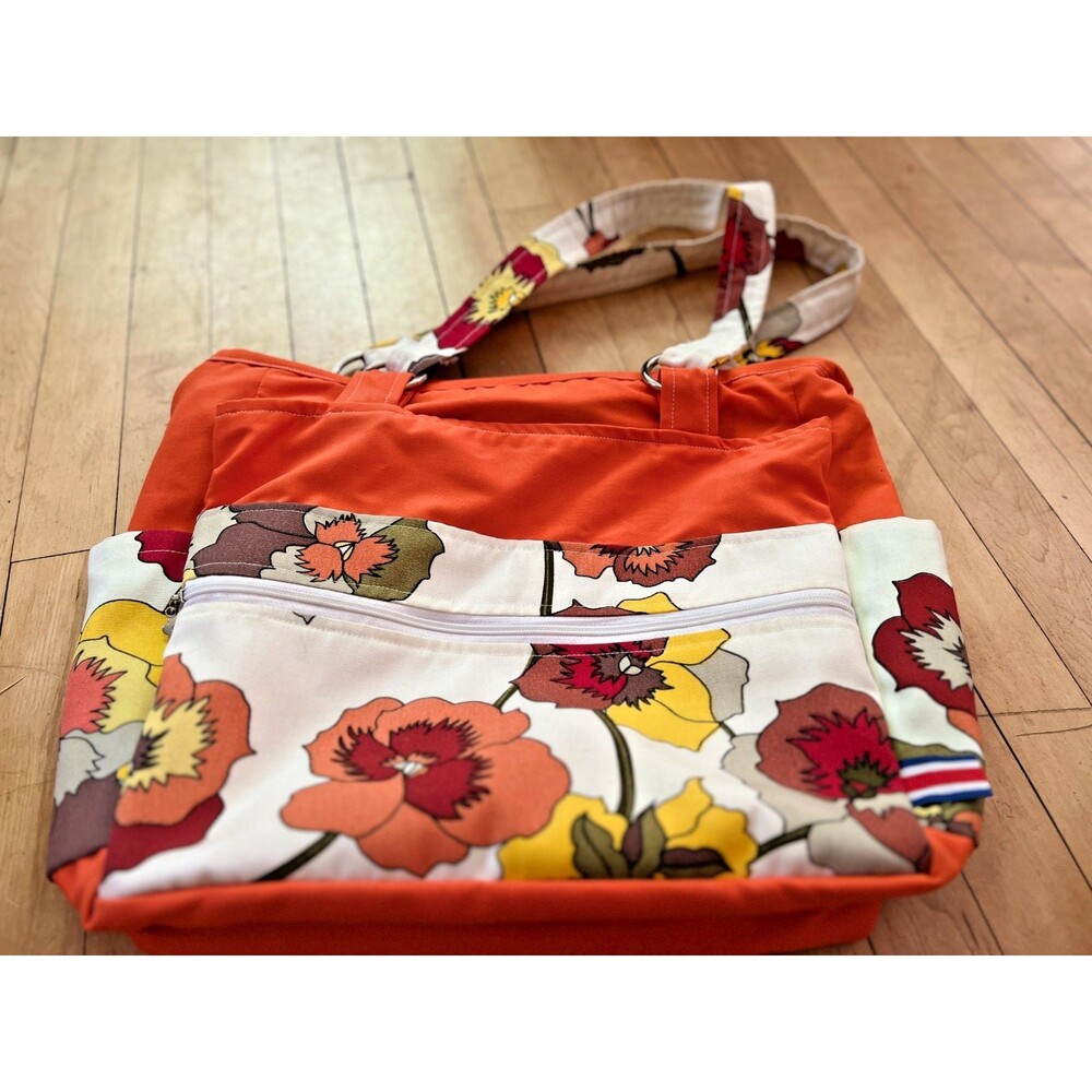 Handmade Mid Century Fabric Tote Bag Orange Yellow Tote Purse Bag Boho